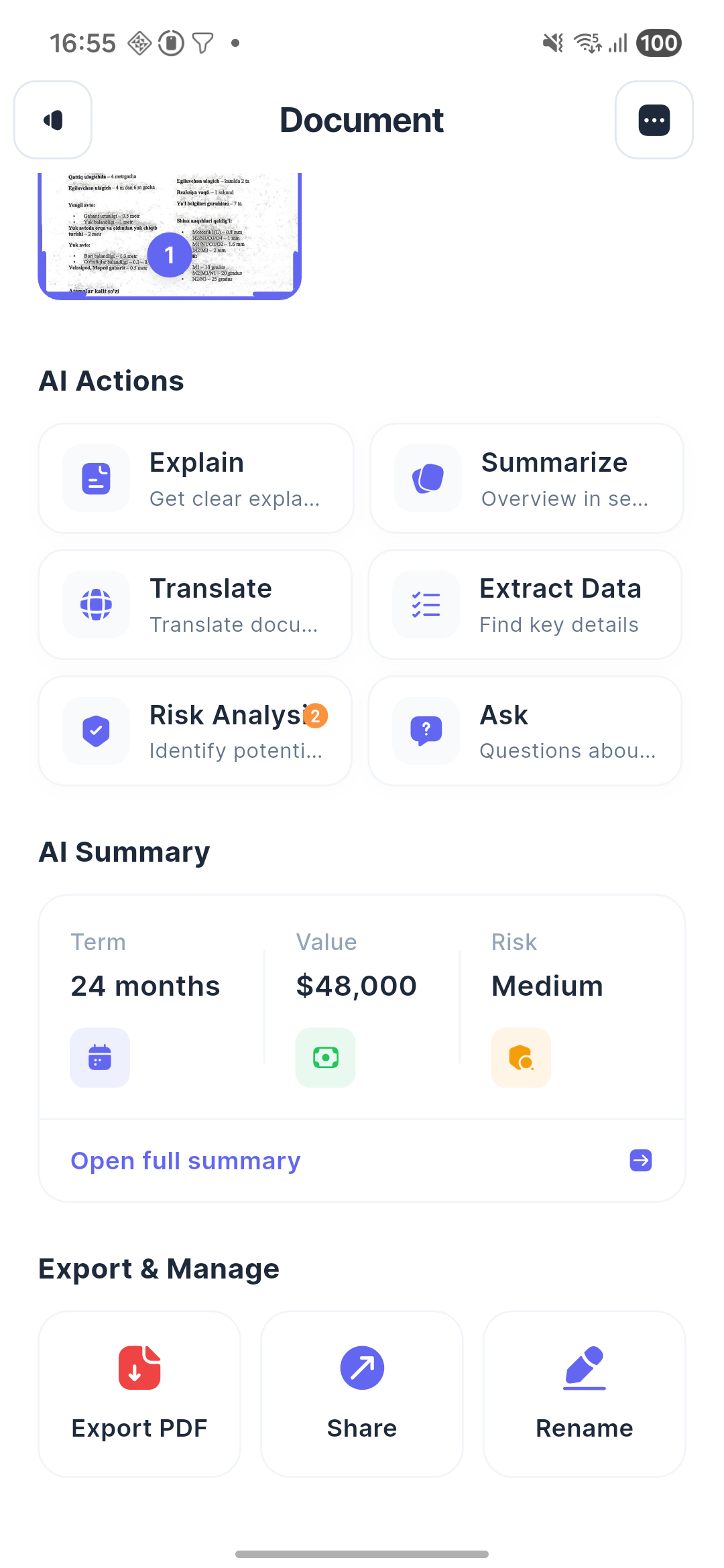 App KnowDoc — tela de análise de documentos com ações de IA